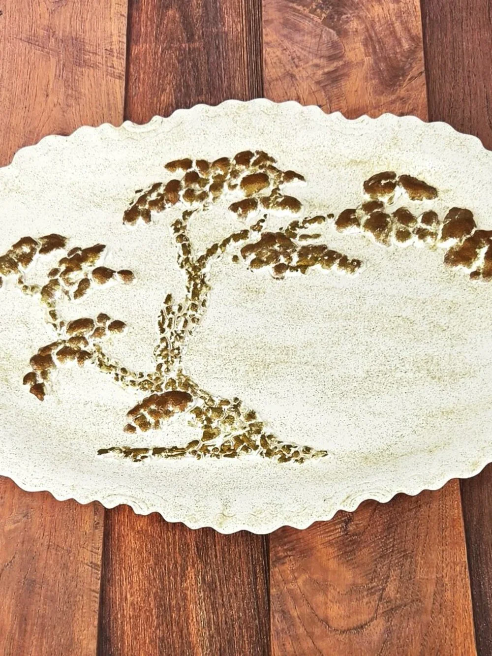 Handmade VTG Ceramic 3D Relief Bonsai Tree Copper Color Ruffled Edge Platter 16